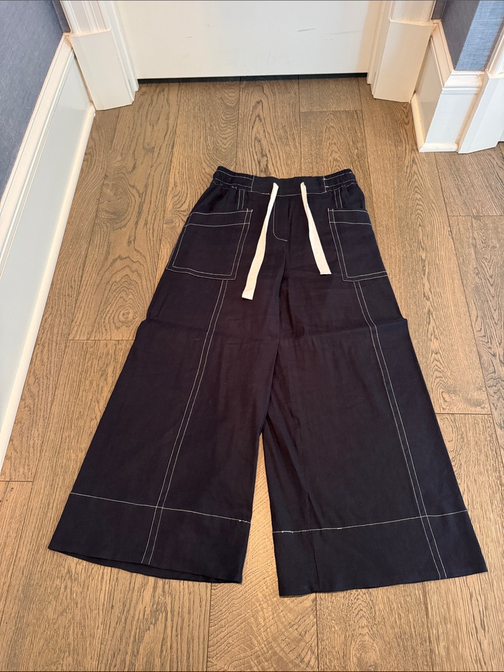 Maeve Navy Wide-Leg Drawstring Trousers with White Ties